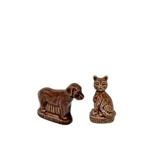 Wade England Miniature Animal Figurines Set of Two Cat and Dog Brown Glazed